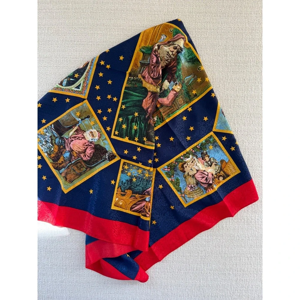 Vintage Peacock Silk Trading Co Santa Christmas Lg Square Scarf Navy Red Retro
